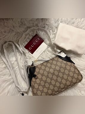 GG Supreme Monogram Textured Calfskin Small Emblem Shoulder Bag Beige Black